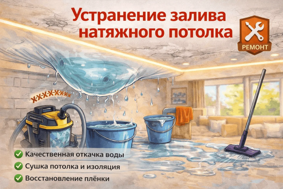 Устранение залива натяжного потолка potolki-vsem.ru