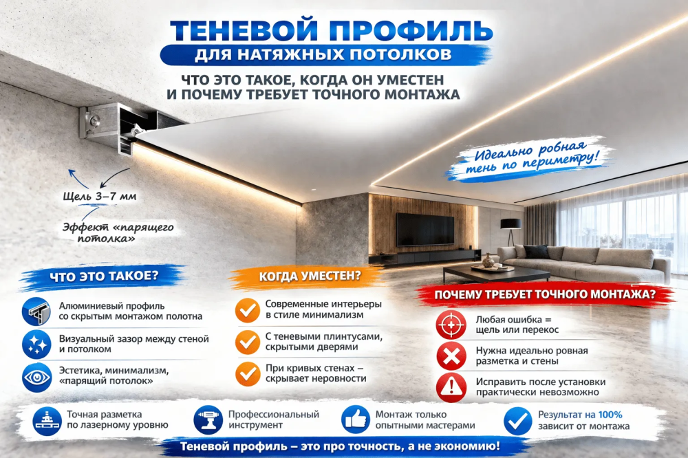 Теневой профиль для натяжных потолков: что это такое, когда он уместен и почему требует точного монтажа Potolki-Vsem
